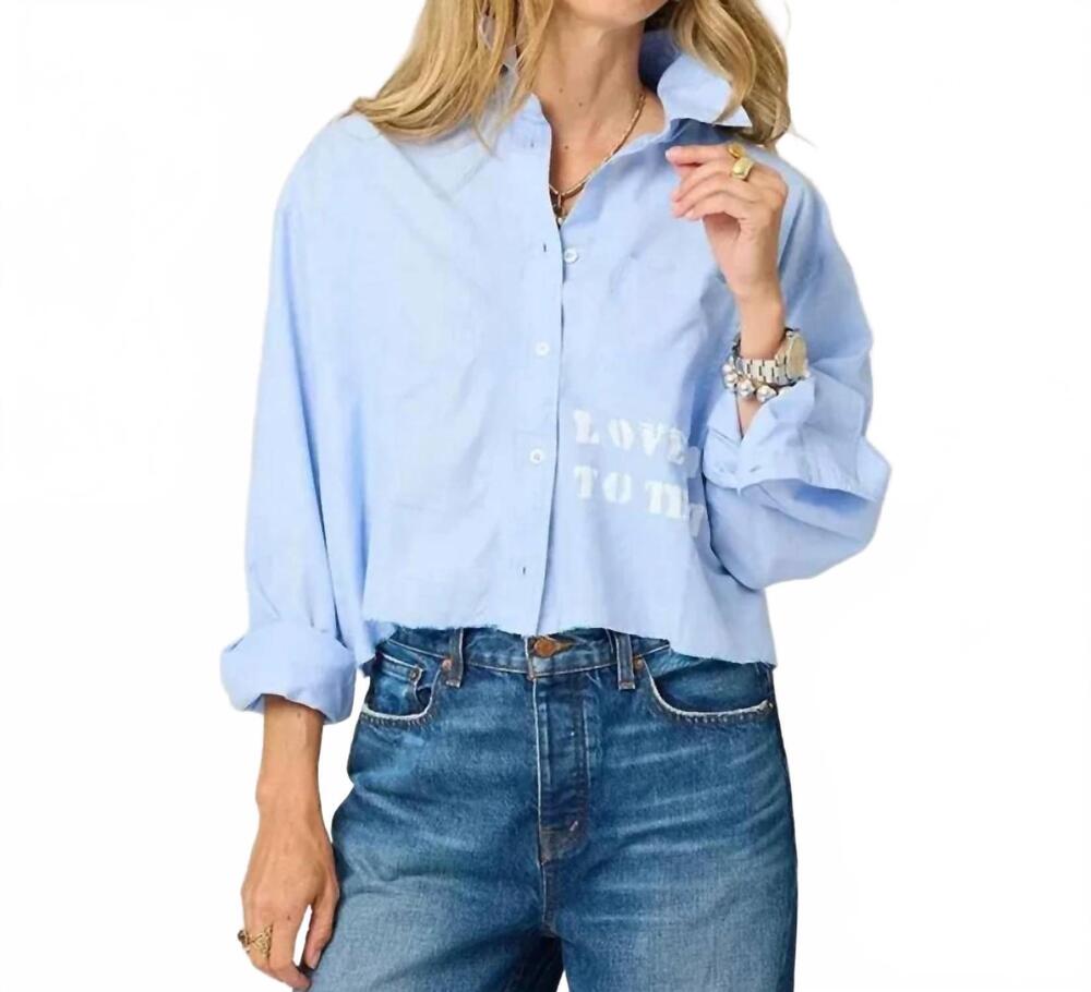 NEW KERRI ROSENTHAL tia love rises to the top button down shirt in blue